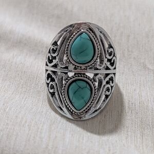 Western Faux Silver and Turquoise Statement Ring Size 8